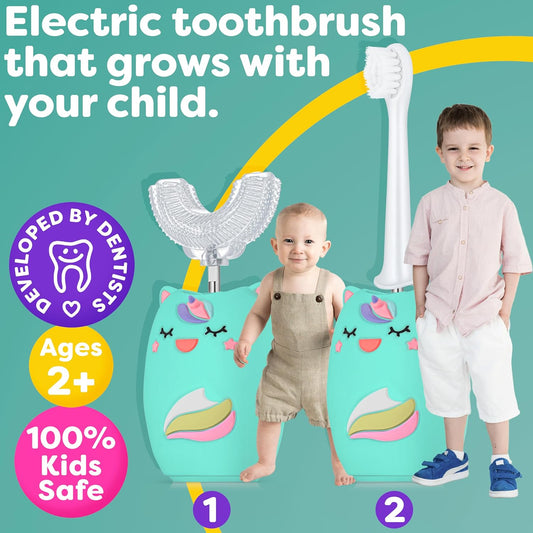 Trueocity Kids U Shape Toothbrush Auto Electric Toddler Rechargeable Kids Automatic Toothbrush | 360° U-Shaped Silicone Brush Head | Gentle Cleaning for Ages 2–7 2–7 | Unicorn Design (Turquoise)