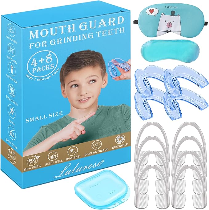 Kids Mouth Guard Moldable (4 Pack Blue) & Disposable Mouth Guard (8 pcs) for Grinding & Clenching Teeth | Comfortable Nighttime Protection Guard | Including Hygiene Case & Mask with Gel Ice Pack