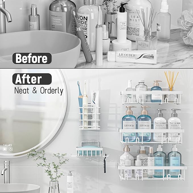 5 Pack Shower Caddy Organizer Rack Shelf for Inside Shower, Self Adhesive Wall Storage Basket Rustproof Stainless Steel Shampoo Holder Bathroom Accessory Decor Set, White