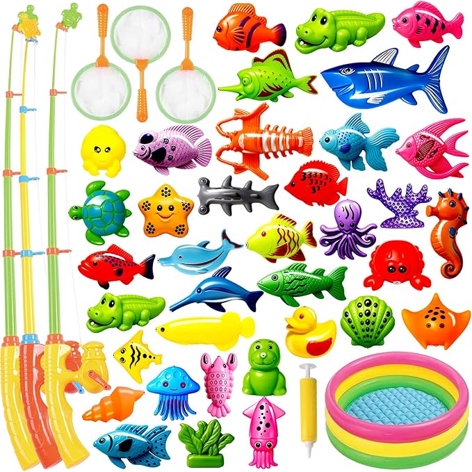 CozyBomB™ Magnetic Fishing Toys Game Set for Kids | Water Table Bathtub Kiddie Pool Party Pole Rod Net, Outdoor Plastic Floating Fish, Toddler Bath Color Ocean Sea Animals Birthday Gift Age 3-5 6 4-8