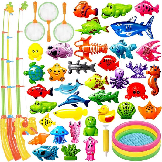 CozyBomB™ Magnetic Fishing Toys Game Set for Kids | Water Table Bathtub Kiddie Pool Party Pole Rod Net, Outdoor Plastic Floating Fish, Toddler Bath Color Ocean Sea Animals Birthday Gift Age 3-5 6 4-8