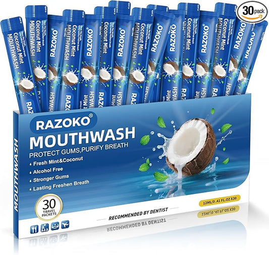 RAZOKO Mouthwash Travel Size-Portable Fresh Mint Packets,Alcohol & Fluoride Free Mouthwash,Disposable Oral Care Strips (0.41 Fl Oz (Pack of 30), Coconut)