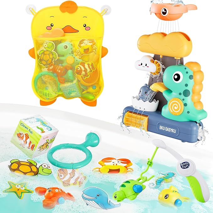 EKU Dinosaur Bath Toys for Kids Toddlers Age 18months+ Interactive Floating Sea Animal Dice Mold Free Fishing Game Water Play Bath Time Bathtub Storage Bag Girl Boy Baby Infant
