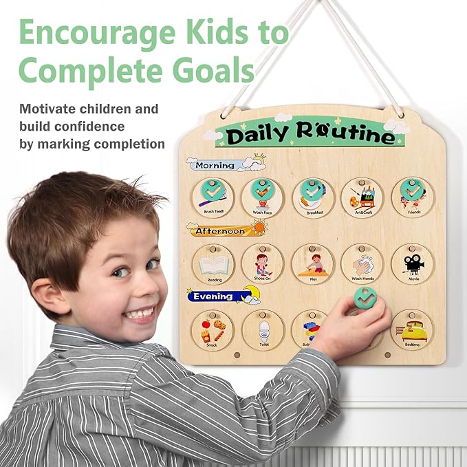 Wooden Visual Schedule for Kids 3-6 Year Old - Three Rows Hanging Daily Schedule Chart for Home & Classroom - Morning Bedtime Routine Chart Chore Reward Chart for Toddlers - Autism Learning Materials