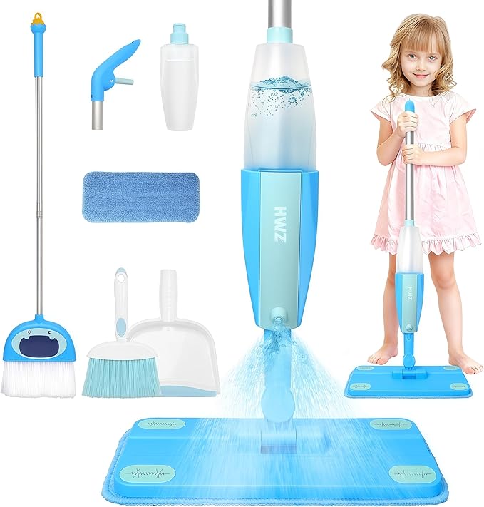 HWZ Kids Cleaning Set, Make Chores Fun! Real Working Toddler Cleaning Toy with Mini Spray Mop & Broom Dustpan Set, Pretend Play Montessori Housekeeping Toys, Ideal Gift for Girls Boys Age 3+