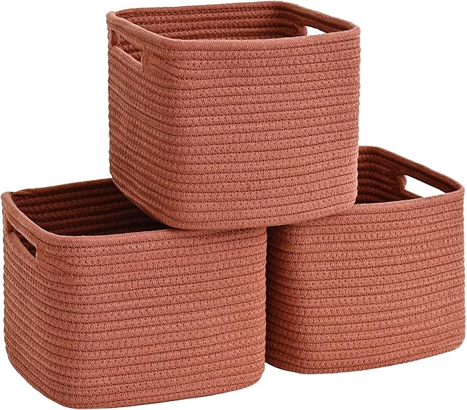 3 Pack Cube Storage Bin, 9”x9”x7” Cotton Rope Woven Baskets for Organizing Toys Clothes Towels, Square Gift Storage Baskets for Shelf, Nursery, Closet, Bathroom, Pantry (Red)