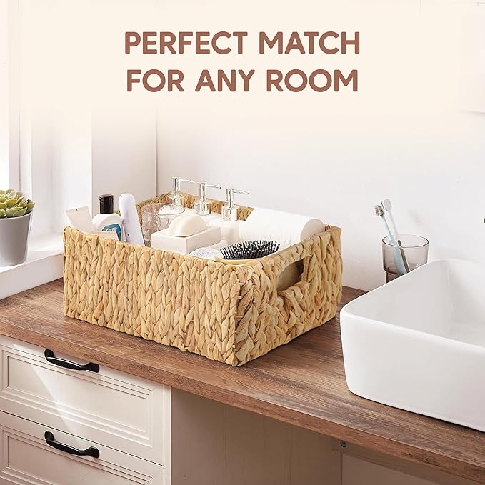 Greenatural Water Hyacinth Storage Baskets Set of 2, Handwoven Rectangular Organizer Trays with Built-in Handles in 2 Sizes, Nested Wicker Bins for Shelf, Bathroom, Kitchen, Office, Natural Decor