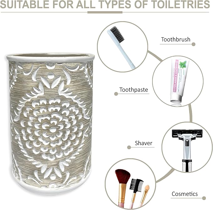 Regal Resin Bathroom Tumbler - Decorative Toothbrush Holder Cup for Bathroom Vanity Organizer and Countertop Decor Beige