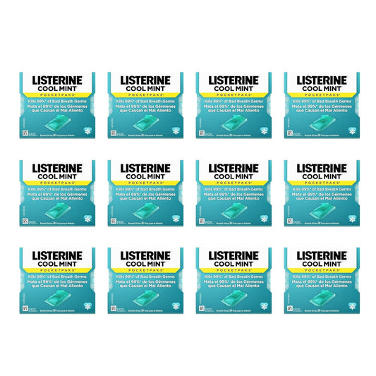 Listerine Cool Mint PocketPaks Portable Breath Strips for Bad Breath, Fresh Breath Strips Dissolve Instantly to Kill 99% of Bad Breath Germs* On-The-Go, Cool Mint, 12 Pack