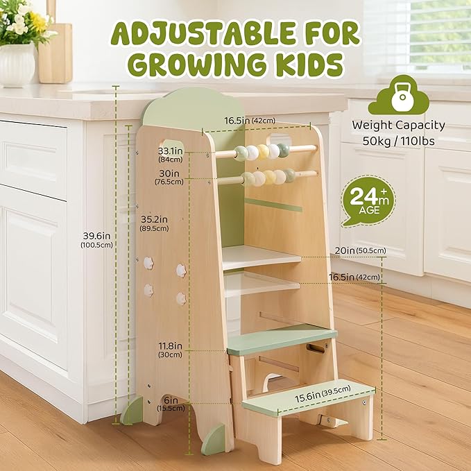 ROBUD Toddler Tower Adjustable Kitchen Stool Helper with Chalkboard, Hooks and Anti-Tip Design, Movable Kids Step Stool with Cute Safety Rail, Montessori Activity, Morandi Green