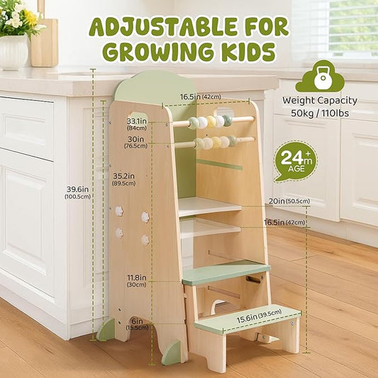 ROBUD Toddler Tower Adjustable Kitchen Stool Helper with Chalkboard, Hooks and Anti-Tip Design, Movable Kids Step Stool with Cute Safety Rail, Montessori Activity, Morandi Green