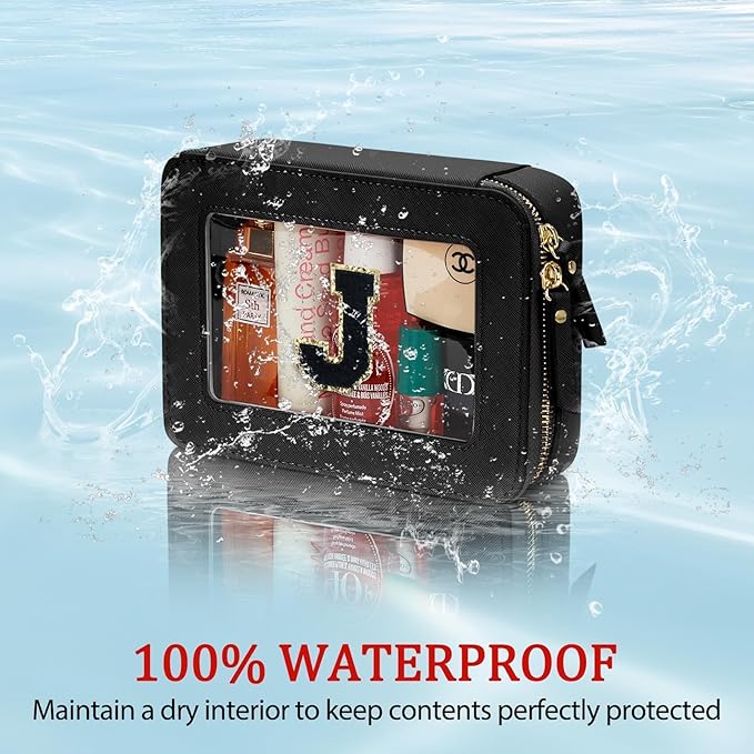 Initial Travel Toiletry Bag - Cosmetic Bags for Girls with Zipper, Clear & Potable Makeup Bag for Travel, Cosmetic Pouch Perfect Gifts for Graduation (Black, J)