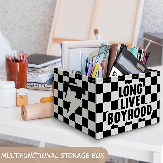Long Live Boyhood Foldable Storage Bins Box with Handles, Black and White Checkered Collapsible Organizer Basket for Kids Boys Bedroom Bathroom Nursery Playroom Clothes Toys Books