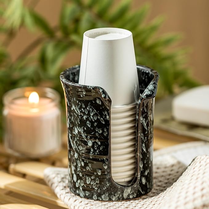 Bathroom Cup Dispenser 3 Oz, Ceramic Bathroom Cup Holder Mouthwash Cup Dispenser, Small Paper Cup Dispenser for Bathroom Vanity Countertop, Black