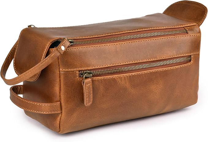 LEATHER VILLAGE Premium Leather Travel Toiletry Bag - Unisex Water-Resistant Travel Dopp Kit, Shaving & Cosmetic Organizer for Men & Women - Compact Bathroom Essentials - Tan Brown