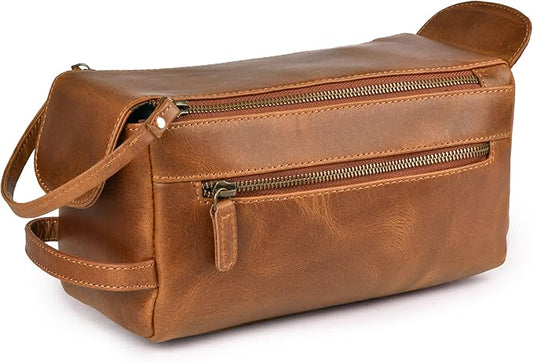 LEATHER VILLAGE Premium Leather Travel Toiletry Bag - Unisex Water-Resistant Travel Dopp Kit, Shaving & Cosmetic Organizer for Men & Women - Compact Bathroom Essentials - Tan Brown