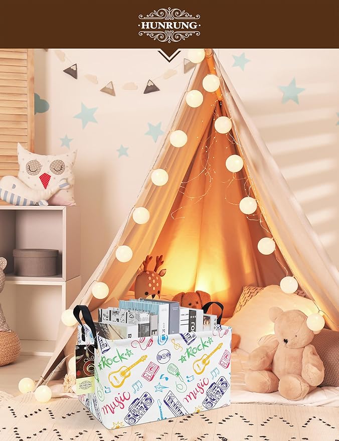 HUNRUNG Rectangle Storage Basket Cute Canvas Organizer Bin for Pet/Children Toys, Books, Clothes Perfect for Rooms/Playroom(REC-Musical instrument)