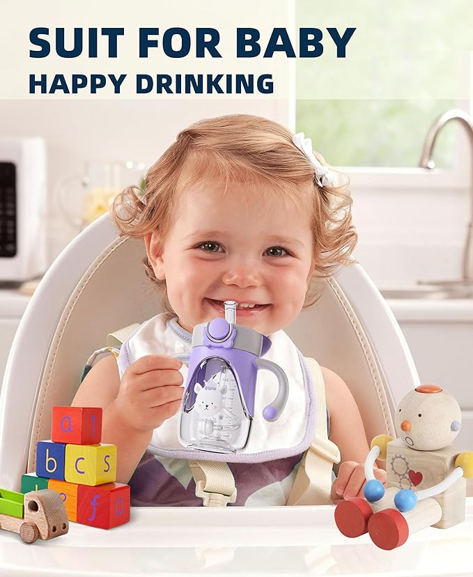 Bunnytoo Baby Sippy Cup with Weighted Straw for Infants 6-12 Months, 8oz Toddler Drinking with Handles, BPA-Free, Transition Trainer for 1+ Year Old (Apricot)