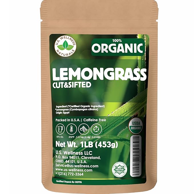 Lemongrass Tea 1 LB (16Oz) | 100% USDA Certified Organic |Cut and Sifted Loose Leaf LemonGrass Tea & Seasoning | Aroma Rich Egypt Lemongrass (cymbopogon citratus)| By U.S. Wellness Naturals