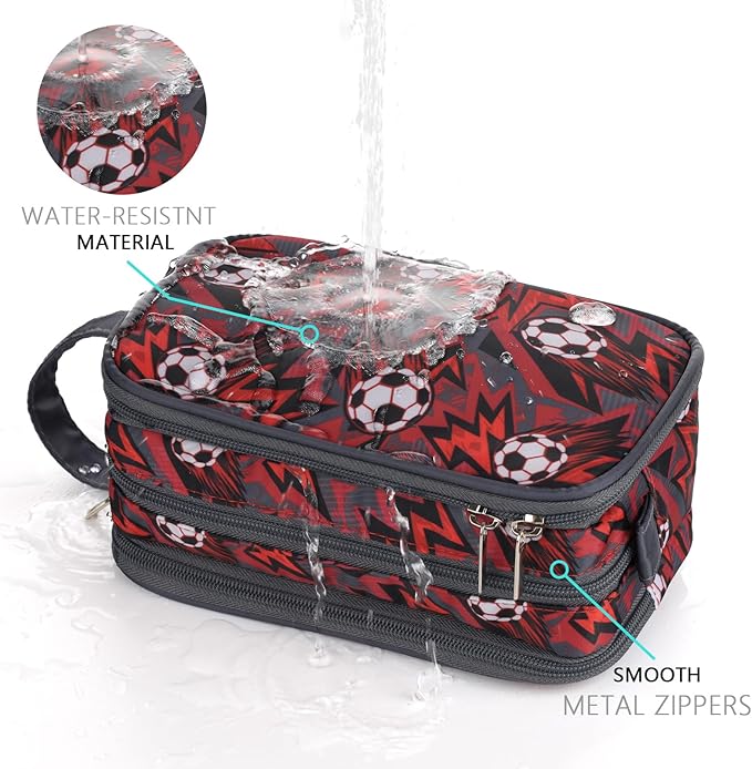 Kids Toiletry Bag for Boys, Travel Toiletry Bag for Little Young Boys Waterproof Hanging Wash Bag Toddler Traveling Toiletries, Red Soccer Balls