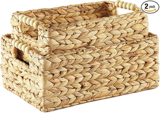 Greenatural Water Hyacinth Storage Baskets Set of 2, Handwoven Rectangular Organizer Trays with Wooden Bead Handles, Nested Wicker Bins for Shelf, Bathroom, Kitchen, Office, Natural Decor