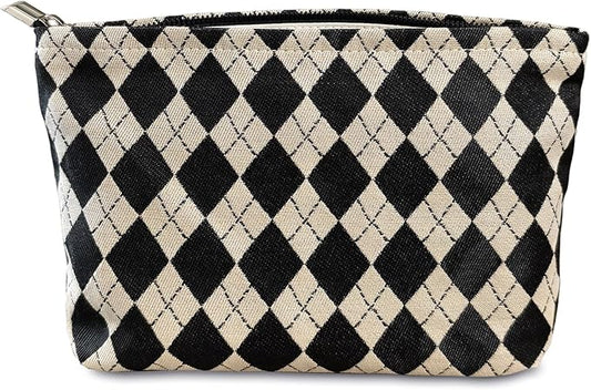 STARDW Parallel Checkered Makeup Bag Cute Cosmetic Bags for Women Girls, Travel Toiletry Bag Large Capacity Zipper Makeup Pouch, Purse Organizer Pouches