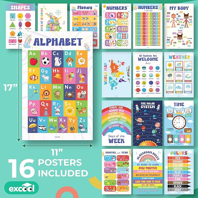 EXCOOL CLUB 16 Colorful Educational Posters For Toddlers 1-3, Toddler Learning Posters For Kids Ages 3-5, Kindergarten Classroom Must Haves, Laminated Abc Number Chart Prek Classroom Decor Preschool