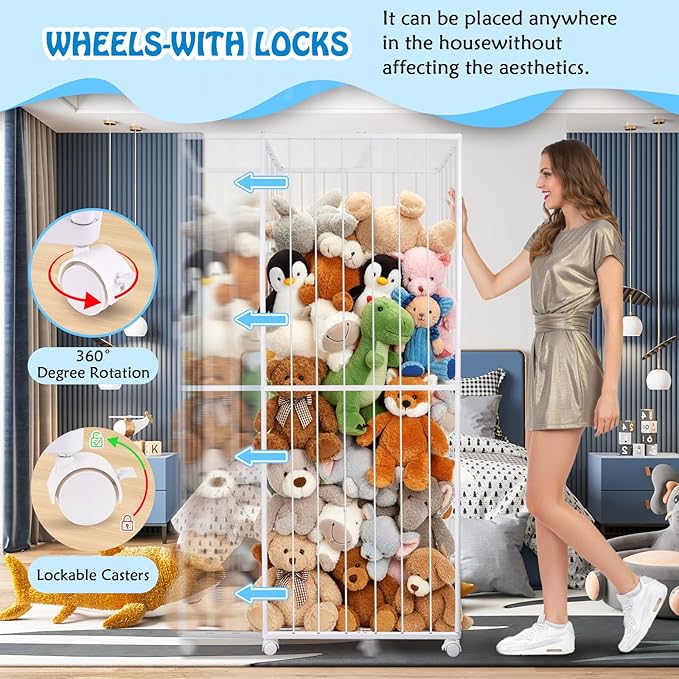 Stuffed Animal Storage, Metal Tube Extra Large Toy Storage Organizer with Brake Wheels, Stuffed Animal Holder Zoo Organizer for Nursery Playroom Kids Room White(61” x 23.6”x 16.5”)