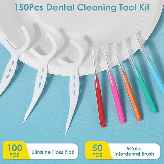 150Pcs Interdental Brushes & Floss Picks Kit, 100Pcs Dental Floss Picks & 50Pcs Braces Brush in 5Sizes, Bendable Braces Flossers Interdental Brushes Between Teeth Oral Tooth Braces Cleaner Kit