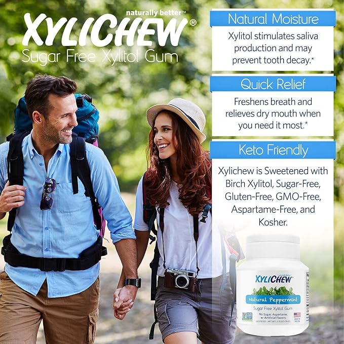 Xylichew 100% Xylitol Chewing Gum - Non GMO, Non Aspartame, Gluten Free, and Sugar Free Gum - Natural Oral Care, Relieves Bad Breath and Dry Mouth - Peppermint, 60 Count