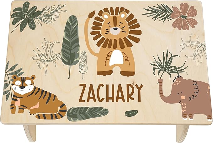 Step Stool for Toddlers- Personalized Wood Kids Step Stool with Name for Kitchen Sink, Bathroom, Potty Training, Toilet, Kitchen Sink- Sturdy and Safe- Made in USA by BloomOwl (Jungle- Earthy)
