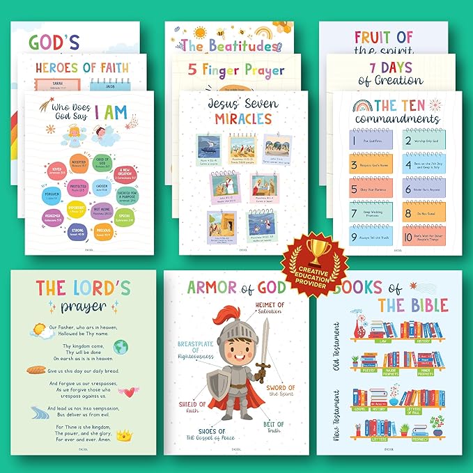 Excool Club Sunday School Decorations For Classroom - 12 Book Of The Bible Posters For Kids, Ten Commandments Fruit Of The Spirit Wall Art, Bible Study Supplies For Christian Classroom Decor (11"x14")