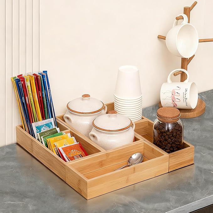 Bamboo Drawer Organizers Set, 3PCS Multi-Use Wood Storage Organizers, Desk Drawer Tray for Kitchen, Bathroom, Office, Dresser, Bamboo Box Bin for Jewelry, Makeup, Junk, Gadgets