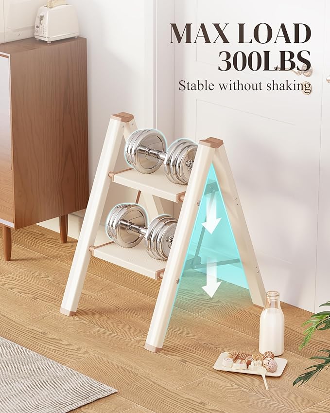 GameGem 2 Step Ladder, Folding Step Stool with Wider Pedal, Anti-Slip Feet & Non Slip Stripes, Aluminum Sturdy Material, 300Lbs Capacity, Elegant Look of Cream Chocolate Better Matches Your Home