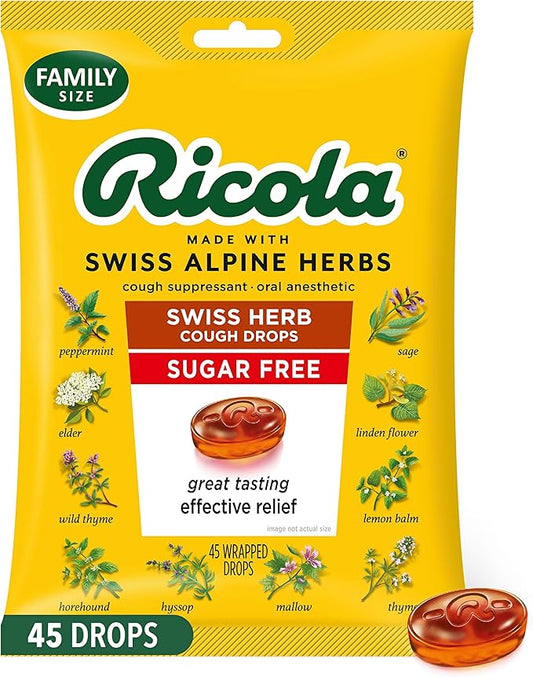 Ricola Sugar Free Swiss Herb Cough Drops, 45 Count, Cough Suppressant & Throat Relieving Drops with Naturally Sourced Menthol, Pleasing Taste for Coughs & Throat Irritation Symptom Relief