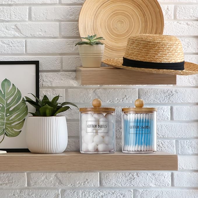 2 Pack Qtip Holder Dispenser with Bamboo Lids - 10 oz Clear Plastic Apothecary Jar Containers for Vanity Makeup Organizer Storage - Bathroom Accessories Set for Cotton Swab, Ball, Pads, Floss