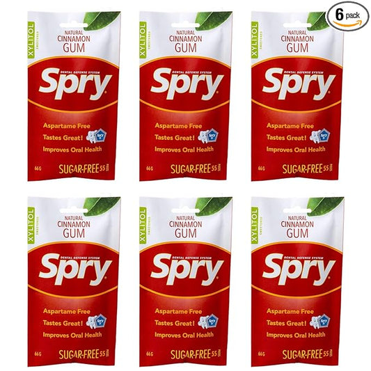 Spry On The Go Fresh Natural Xylitol Chewing Gum Dental Defense System - Aspartame-Free, Sugar-Free, Non-GMO (Cinnamon, 55 Count - Pack of 6)