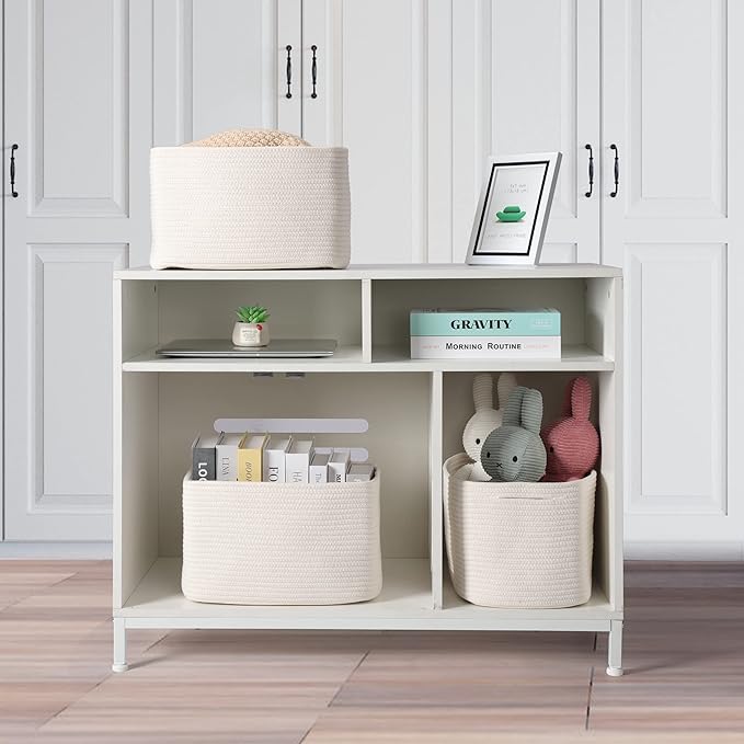 Cotton Rope storage Basket Bins Woven Basket for Organizing Shelves 14.5X9.5X9.3" Rectangle Decorative Baskets For storage Clothes Toys Books Towels Nursery basket organizer 3 pack white