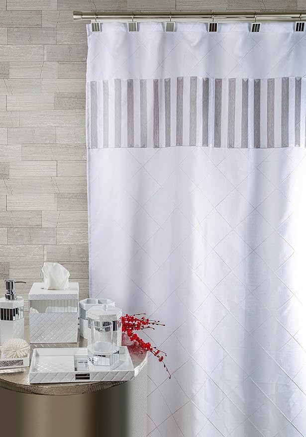 Creative Scents Quilted Mirror White Shower Curtain Hooks - Set of 12 Shower Curtain Rings Durable Sturdy Constructed - Decorative Smooth Gliding Shower Hooks for Shower Curtain