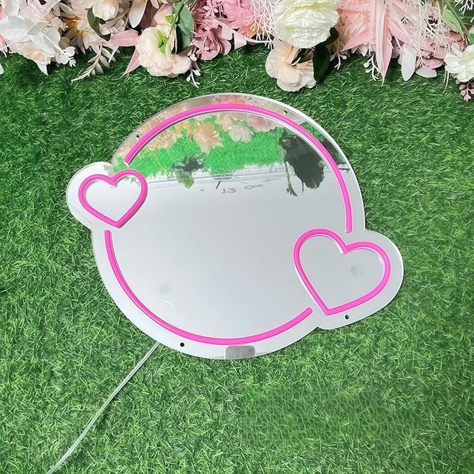 LED Mirror Neon Lights Light Up Dressing Mirror Cat/Shine Heart/Bat/Butterfly Shape Neon Mirror Sign for Modern Home Girl Room Bathroom Salon Wall Art Decor Gift For Girlfriend USB Powered