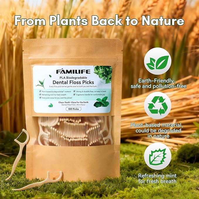 FAMILIFE Eco-Friendly Floss Picks (100Pcs) - Plant Based Dental Floss Picks with Strong Toughness, Natural Tooth Picks Flossers for Adults Daily Oral Cleaning & Gentle Gum Care, Mint Flavor