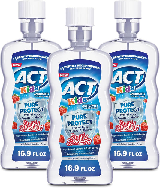 ACT Kids Anticavity Fluoride Mouthwash, Sugar & Alcohol Free Mouth Rinse Strengthens Teeth, Simply Strawberry, 16.9 fl. oz.(Pack of 3)