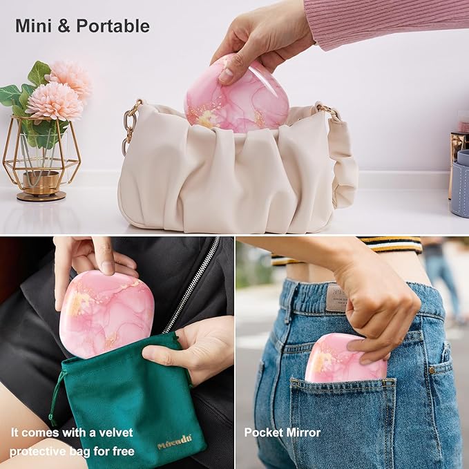 Mocado Compact LED Travel Makeup Mirror - 4 Inches 1X/10X Magnification Travel Mirror with Light Dimmable Double Sides Lighted USB Rechargeable Compact Mirror for Purse,Pocket,Travel(Pink Marble)