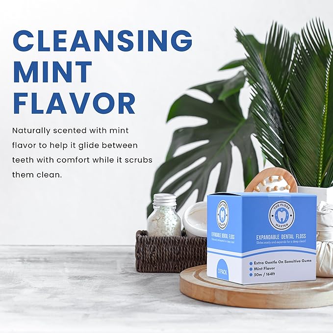 Expandable Dental Floss 3 Pack I Plastic-Free Dispenser I 50 Meter / 164 feet per Pack I Gentle Glide for Effective Cleaning I Mint Flavor