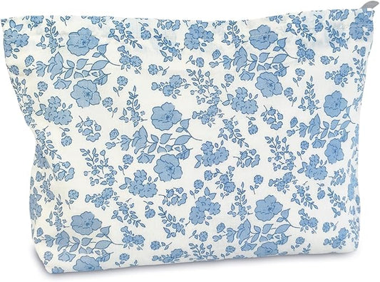 STARDW Aesthetic Floral Makeup Bag Cute Small Cosmetic Bags for Women Girls, Travel Toiletry Bag Large Capacity Zipper Makeup Pouch, Purse Organizer Pouches (Floral Blue)