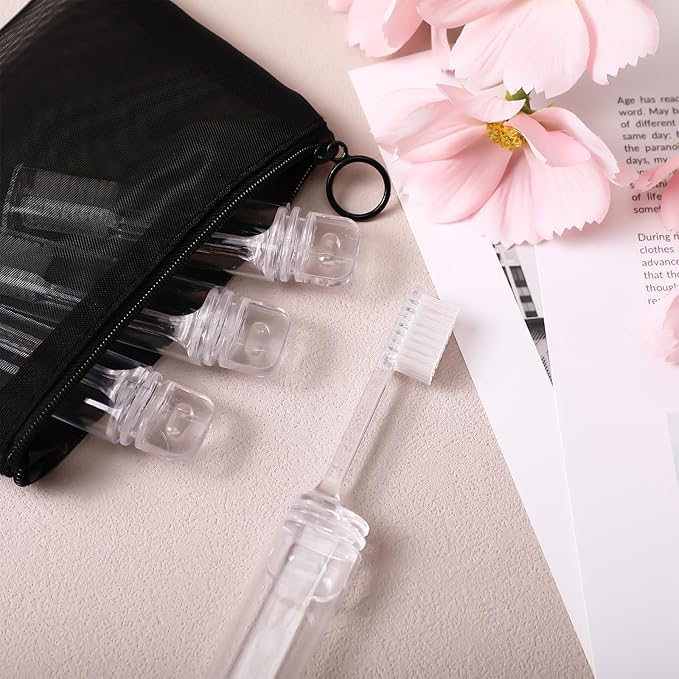 Patelai 4 Pieces Travel Toothbrush Set, Soft Bristle Mini Foldable Tooth Brush with Case, Individually Wrapped Small Portable Travel Size Toiletries Stuff for Camping (Clear)