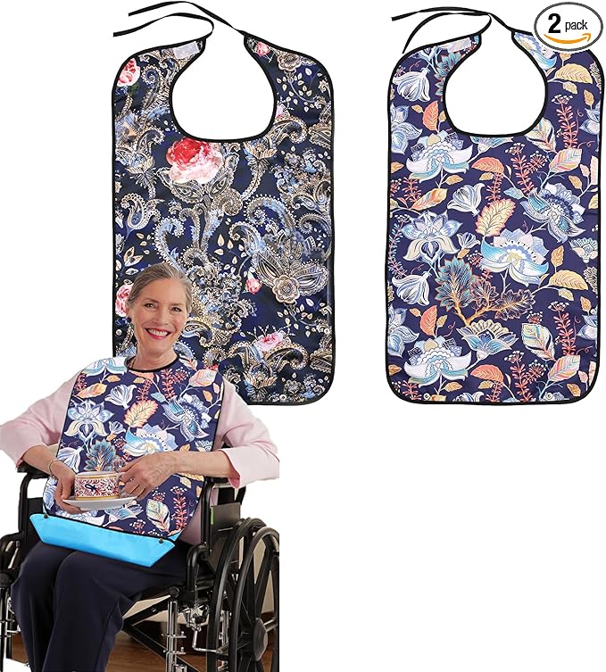 2 Pack Adult Bibs for Women, Waterproof Washable Bibs for Adults Senior Citizens, Adjustable and Reusable, Gifts for Women/Mom