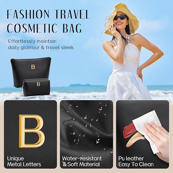 Women Gifts | Initial Makeup Bag Set for Girl Personalized Gifts for Bridesmaid Friend Graduation Teachers PU Leather Cosmetic Travel Toiletry Bag(Black,B)