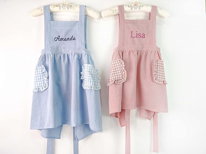 MT WORLD Girls Apron Personalized Linen Kids Aprons for Cooking Toddler Girls Cross Back Apron Pinafore for Baking Crafting