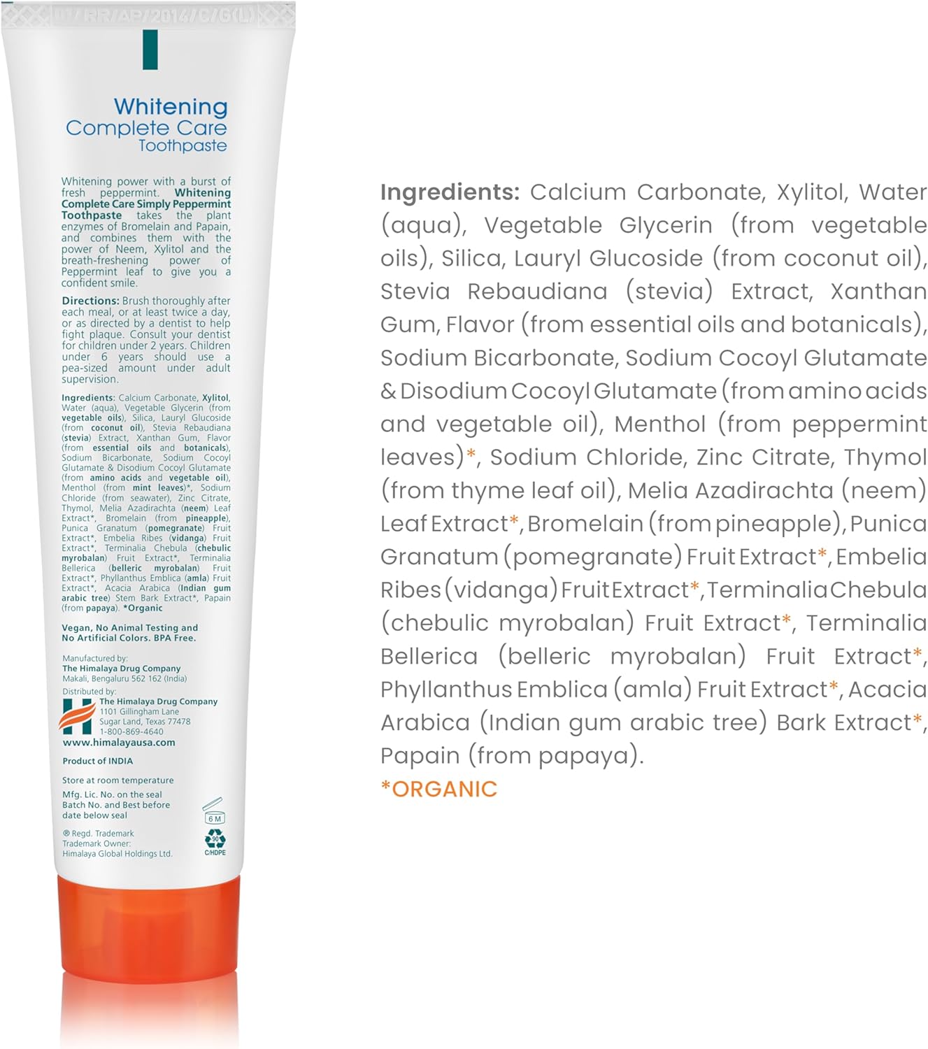 Himalaya Botanique Whitening Complete Care Toothpaste, Peppermint Flavor - Whitening Toothpaste Without Fluoride for Brighter Teeth & Fresh Breath - Vegan, Gluten Free, 5.29 oz